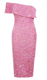 TRÄGERLOSES MIDIKLEID MIT PAILLETTEN IN PINK